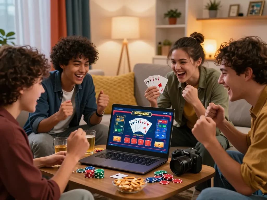Group enjoying 8kbet online gaming on laptop in a vibrant living room.