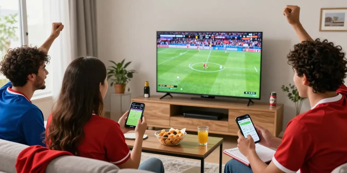 Friends enjoying live streaming bola gratis in a cozy room, celebrating soccer match together with snacks and real-time sports updates.
