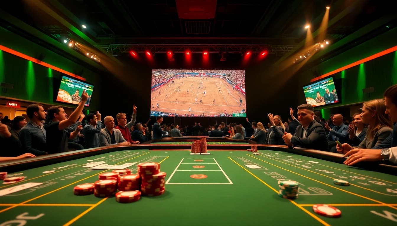 Pariez sur le rugby paris sportif dans un casino animé avec des jeux et des spectateurs.