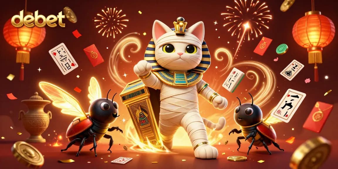 Engage in thrilling debet casino adventures with a 3D mummy cat and vibrant casino elements.