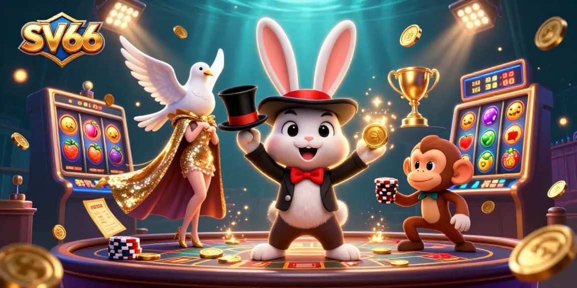 Experience the magic of SV66 as a cartoon magician rabbit conjures coins while a dove and monkey join in casino fun.