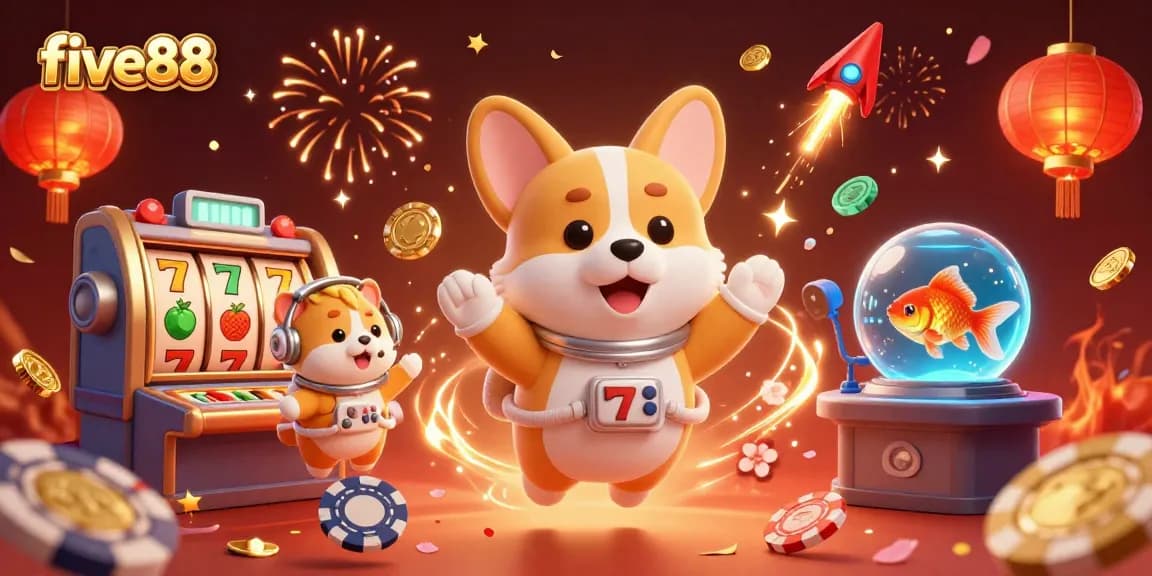 Experience the excitement at five88 casino with a thrilling 3D scene of floating characters and vibrant casino elements.