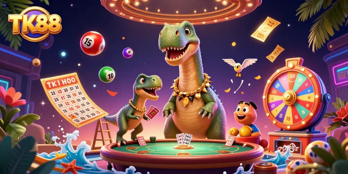 TK88 casino features a colossal dinosaur dealing cards amidst a vibrant gaming atmosphere.