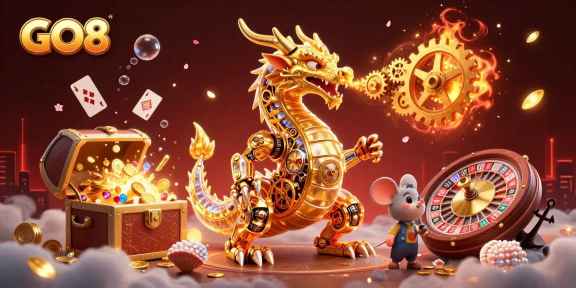Experience thrilling gameplay with GO8's vibrant casino scene featuring a golden dragon and roulette.