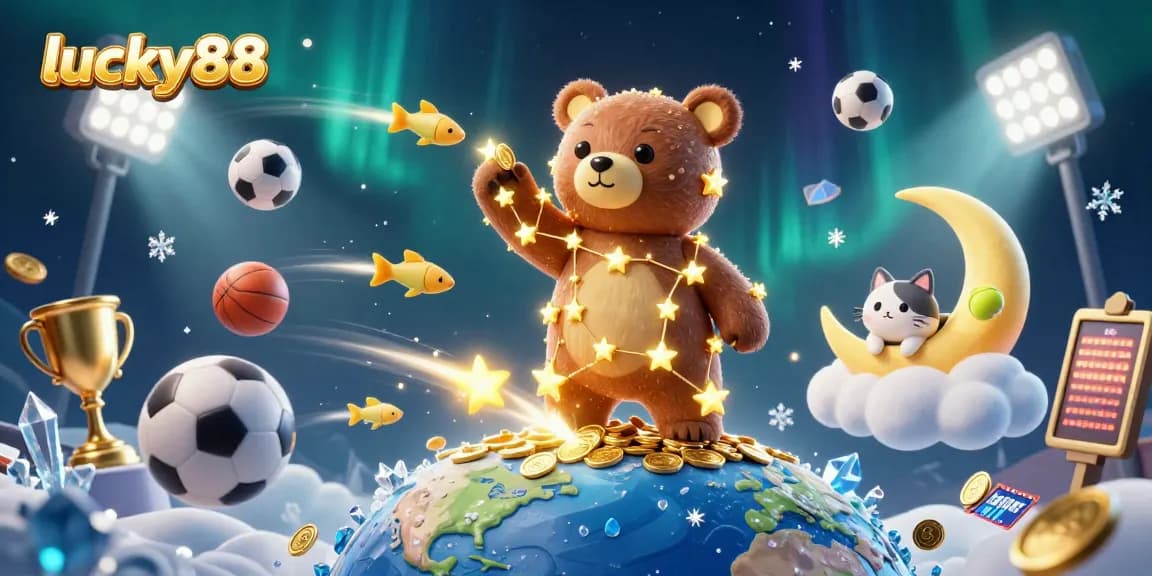 Immerse in lucky88's engaging atmosphere, as a stellar bear collects coins, embodying a vibrant casino adventure.