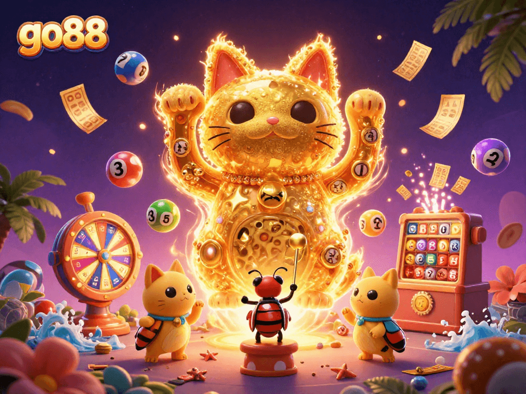 Experience go88's thrilling winnings in a lively scene featuring 3D lucky cat and dynamic casino symbols.