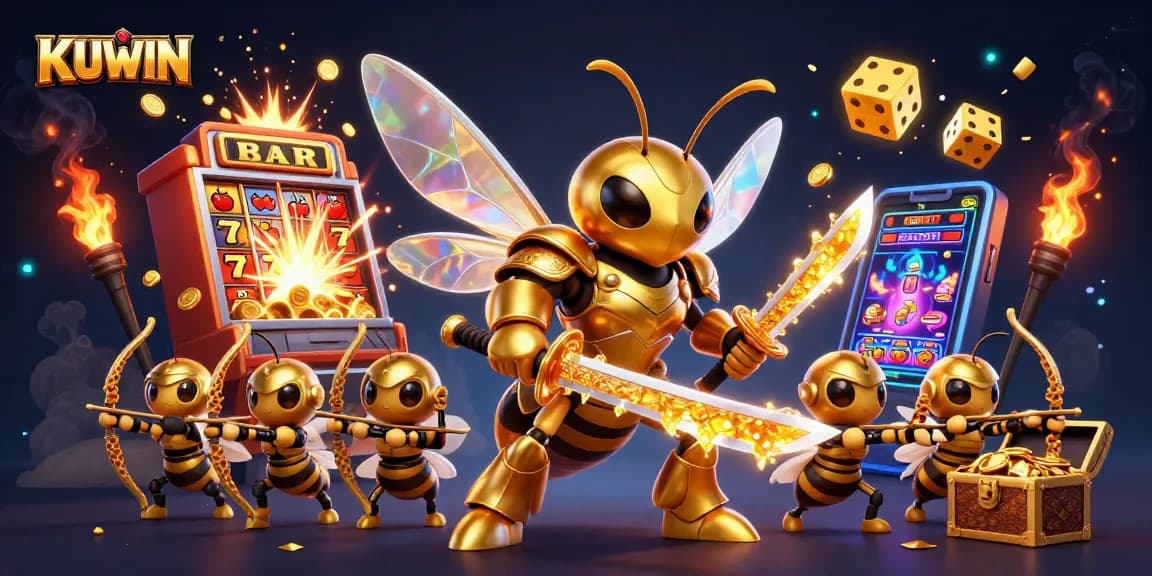 KUWIN's thrilling casino experience features a golden hornet samurai, dynamic slot machines, and magical visual effects.