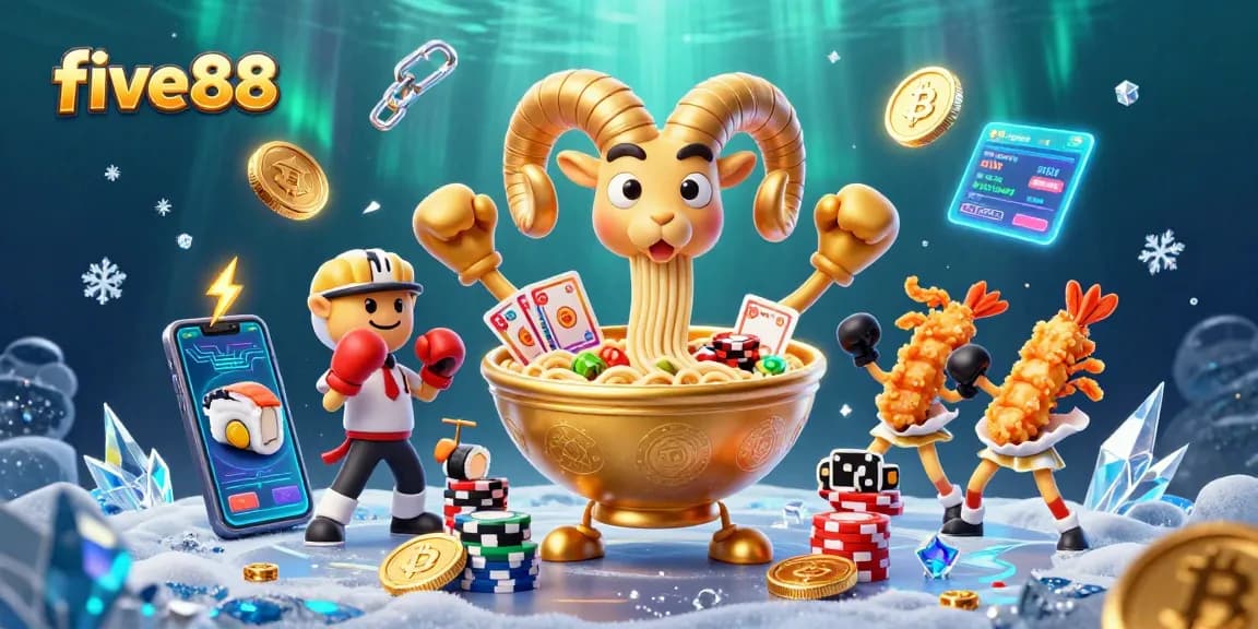 Engage with five88's vibrant casino scene featuring animated characters immersed in a lively gaming environment.