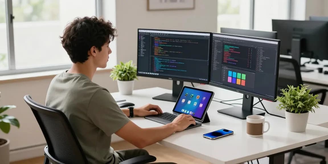 Ambiente de desenvolvimento multicanais com um programador trabalhando em dois monitores e gadgets tecnológicos.