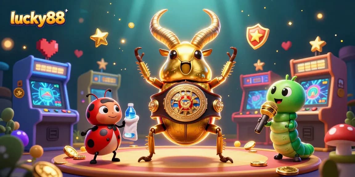 Engage with lucky88's vibrant casino scene featuring a giant golden beetle champion.