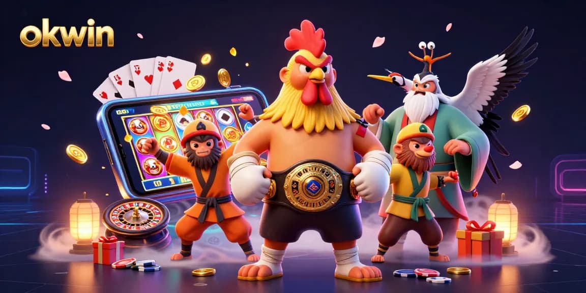 okwin brings excitement with a dynamic gaming scene featuring casino characters and thrilling game elements.