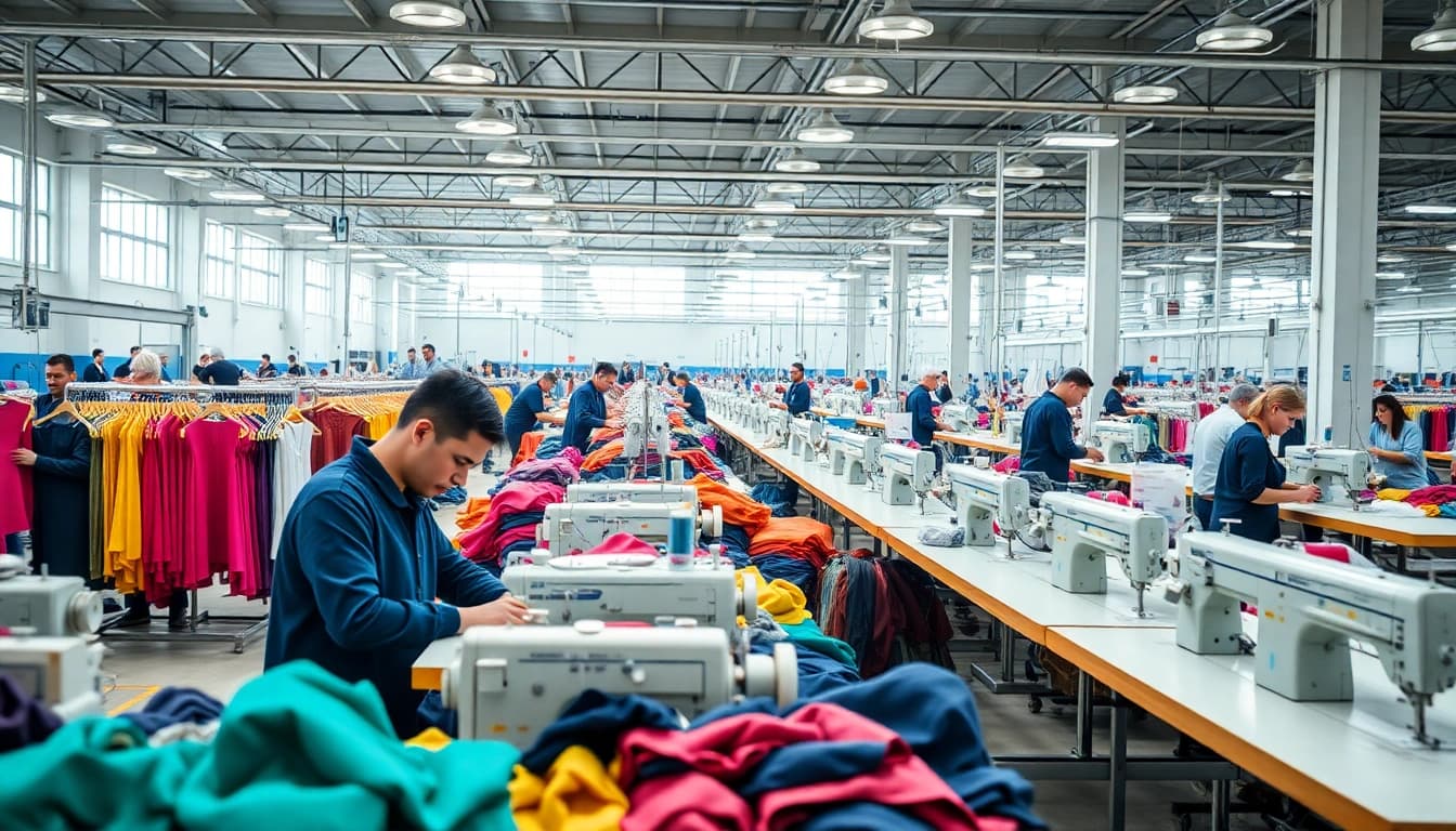 Clothing Manufacturers in China working collaboratively in a vibrant factory setting.