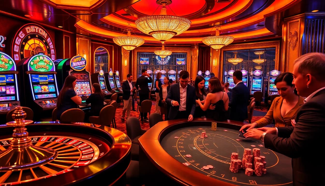 Experience the excitement of lc 88 in a bustling casino featuring players at tables and glowing slot machines.