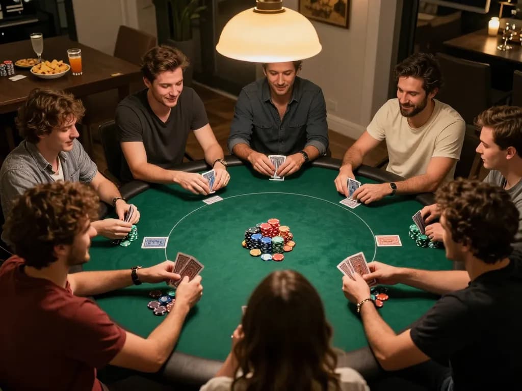 Players enjoying a lively poker game at home, showcasing TG88 community and strategic interactions.