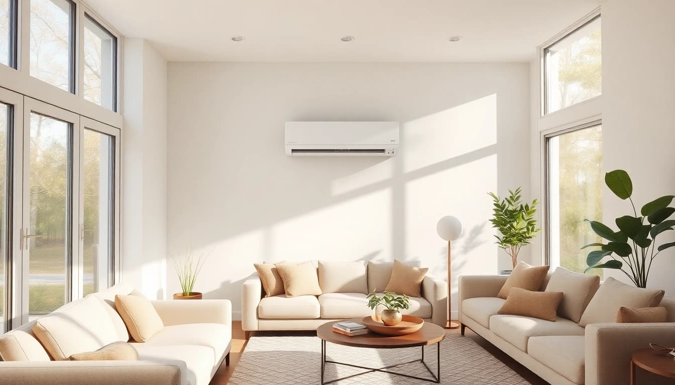 Install a mini split AC unit in a stylish and modern living room setup, showcasing elegance and comfort.
