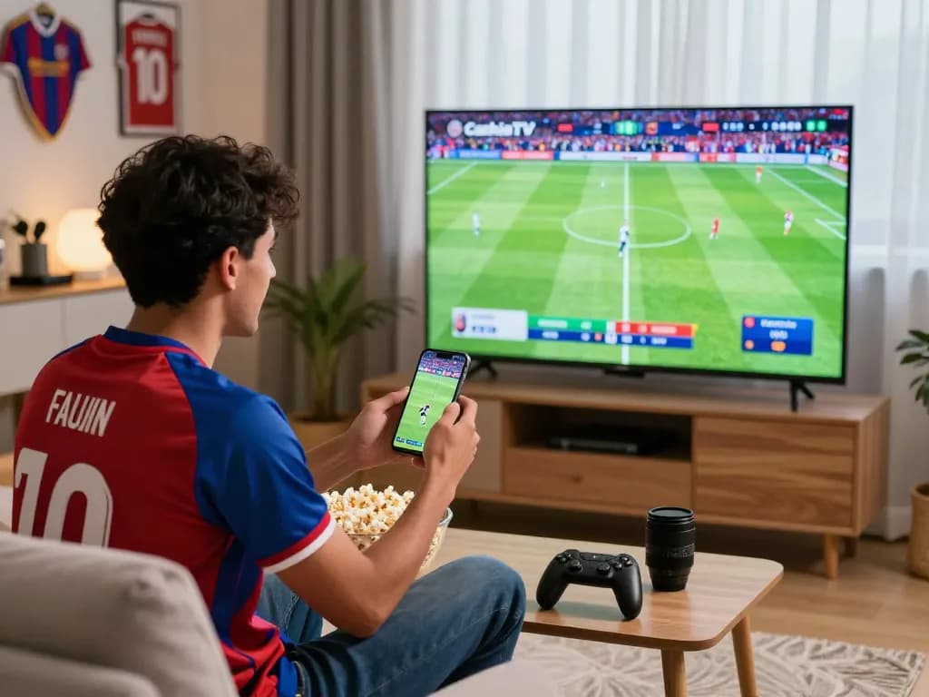 Soccer fan enjoying live match from https://cakhiatv.uk.com in a cozy living room setting, full of excitement and team memorabilia.