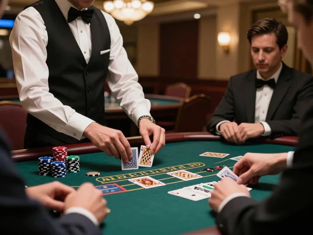 Players engage in a thrilling blackjack game at 22ff casino, dealer shuffling cards.
