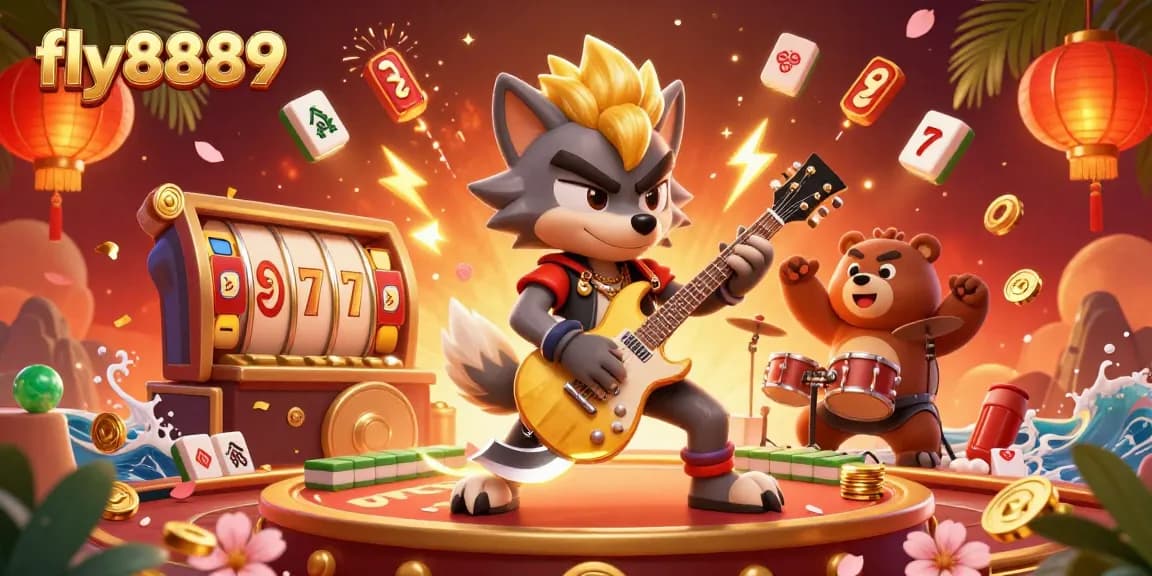 Experience excitement with fly8889 as the rock star wolf and drummer bear perform on stage surrounded by dynamic gaming elements.