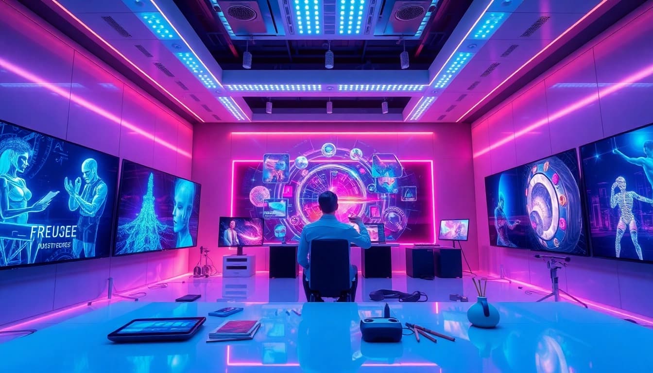 Futuristic digital art studio generating AI porn with advanced technology.