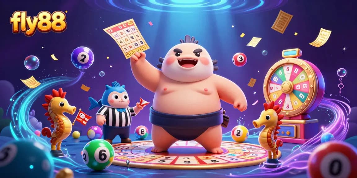 Join the excitement with fly88’s vibrant cartoon casino illustration, featuring lively characters and dynamic gaming elements.