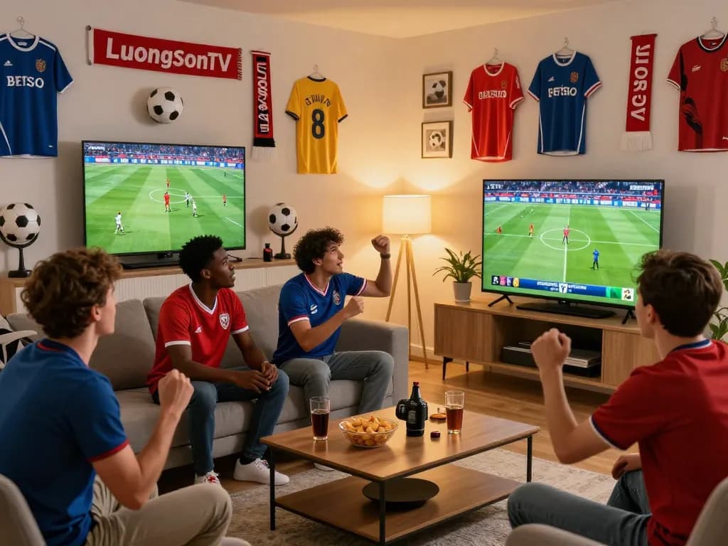 Fans enjoying live football streaming on LuongSonTV, surrounded by memorabilia and snacks.