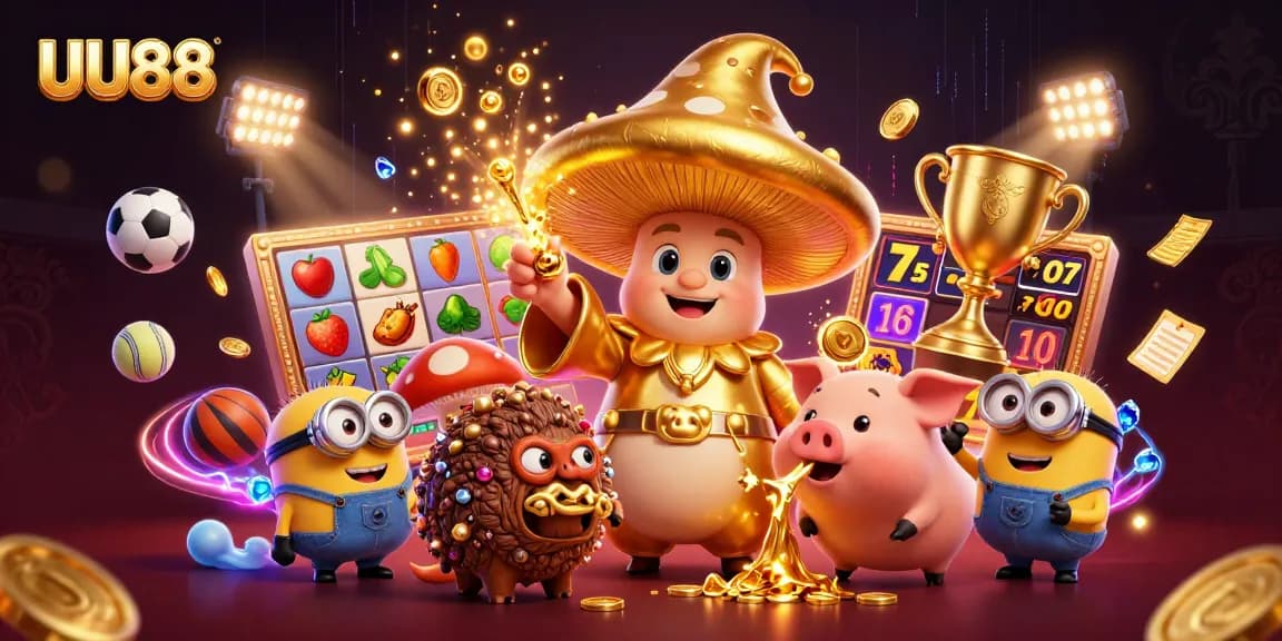 Experience exciting gameplay with UU88's vivid illustration of a magical casino universe, featuring golden elements and energetic characters.