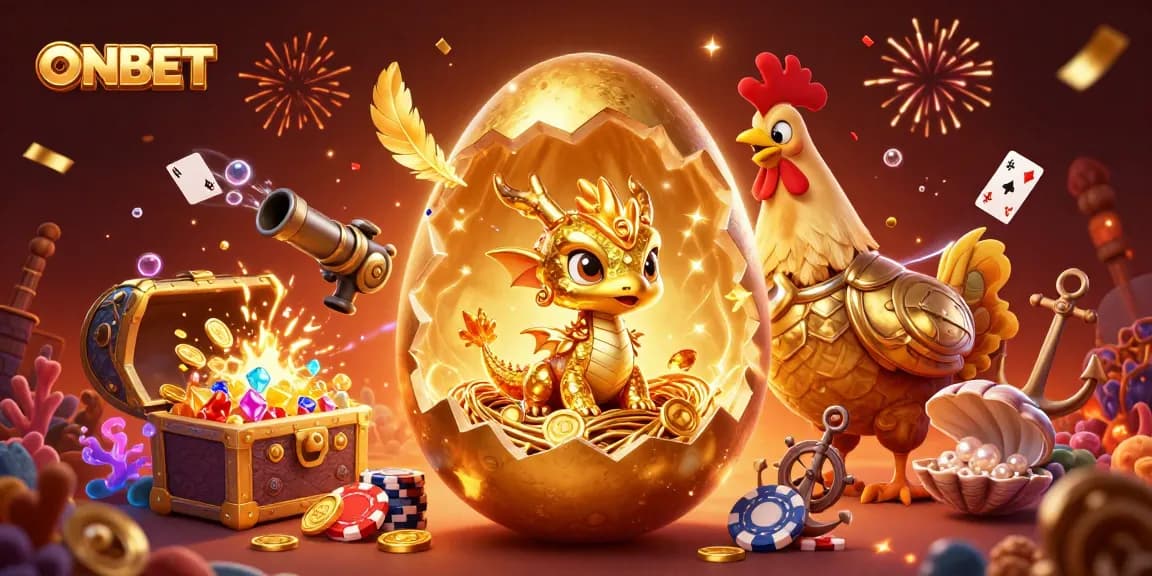Experience the thrill of winning at ONBET with vibrant illustrations of golden treasures and gaming elements.