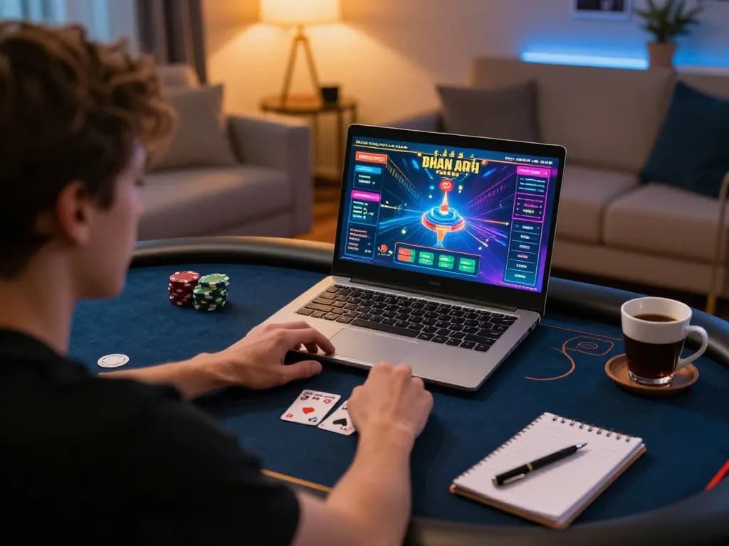 Engaging in game bài đổi thưởng with strategy notebook in cozy home gaming setup