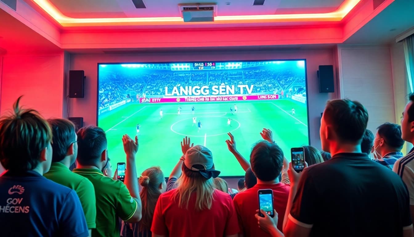 Lương Sơn TV streaming platform showcasing live football with excited fans enjoying the match together.