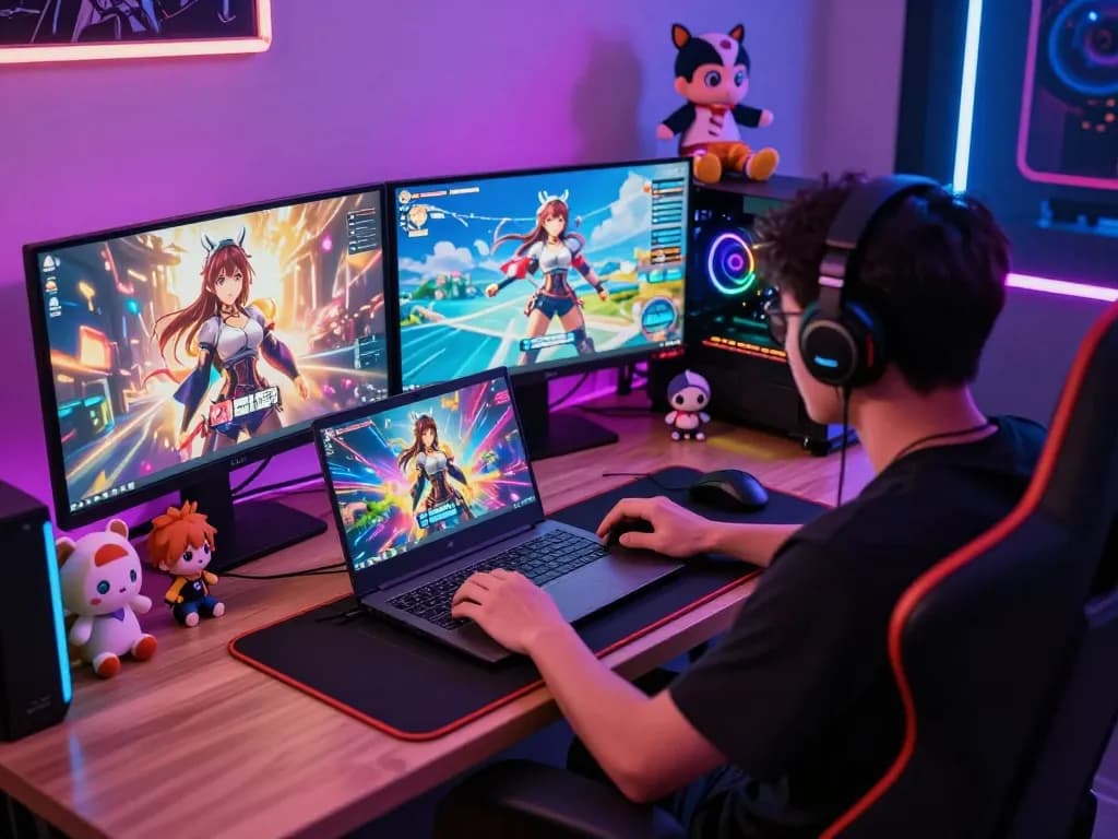 Engaged player immersed in a hentai game with colorful setup and anime figures.