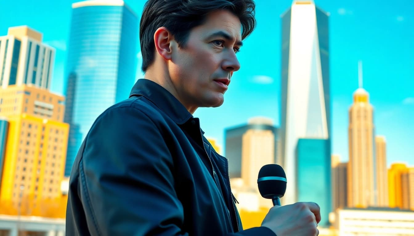 News reporter capturing breaking news in a bustling urban environment.