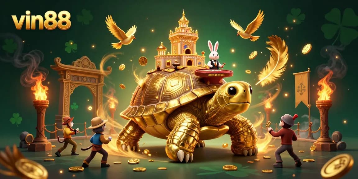 Win big at vin88 with a vibrant 3D scene showcasing a golden tortoise casino and a rabbit dealer.
