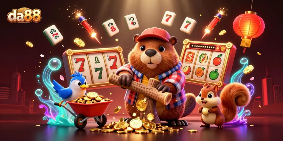 Win big with da88 at a vibrant casino scene featuring a cartoon beaver, coins raining, and slot game elements.