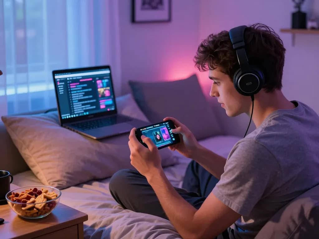 Engaged gamer playing a mobile porn game in a cozy bedroom.