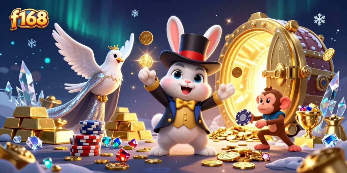 Experience the thrill of winning at f168 with a dazzling scene of a magician rabbit, charming dove, and monkey in action.