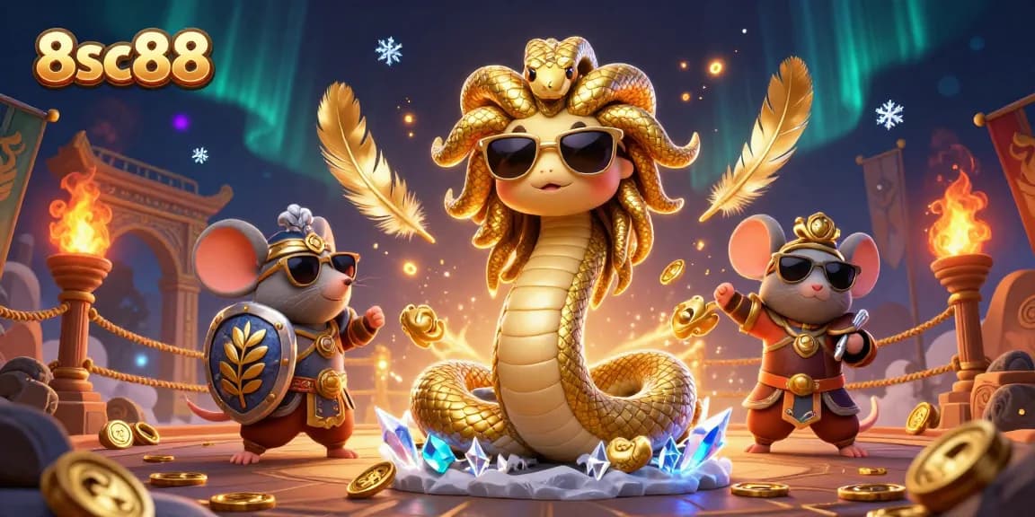 Experience the thrills of 8sc88 with Medusa and a warrior in a vibrant casino scene filled with game elements.