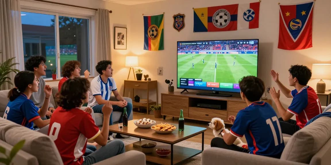 Friends celebrating soccer matches via multicanais in a cozy living room.