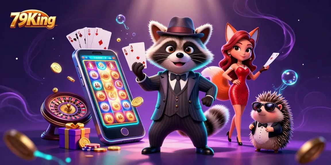 Enjoy gaming at 79King as a suave raccoon, a charming fox, and a hedgehog delight in casino fun.