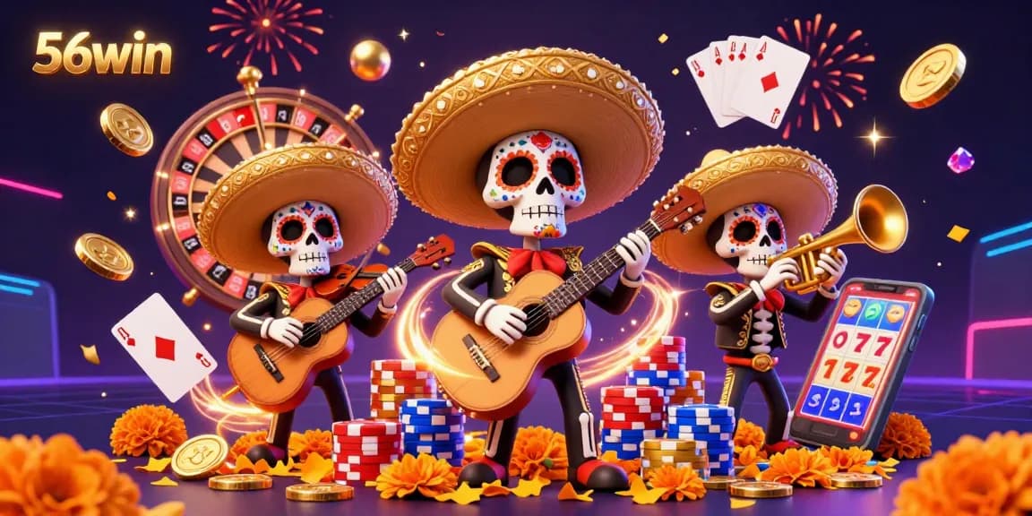 Experience top-tier gaming with 56win as mariachi skeletons celebrate amidst vibrant casino elements.