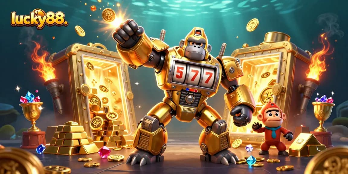 Experience the excitement of winning at lucky88. with a golden gorilla mech amidst treasures and slots.