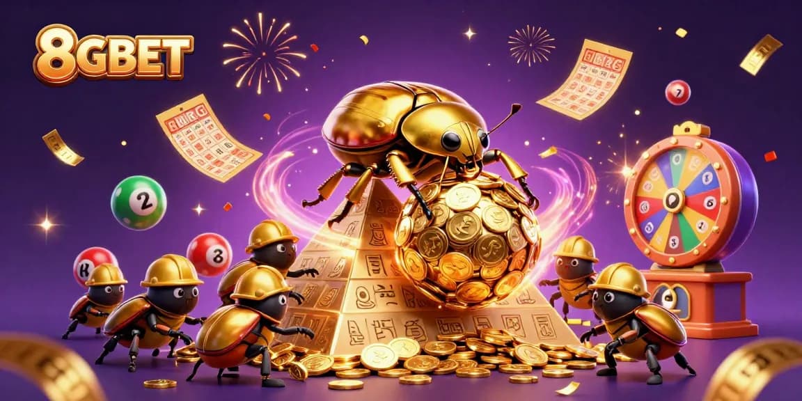Engage in thrilling gameplay with 8GBET's lively golden beetles and casino elements showcasing excitement.