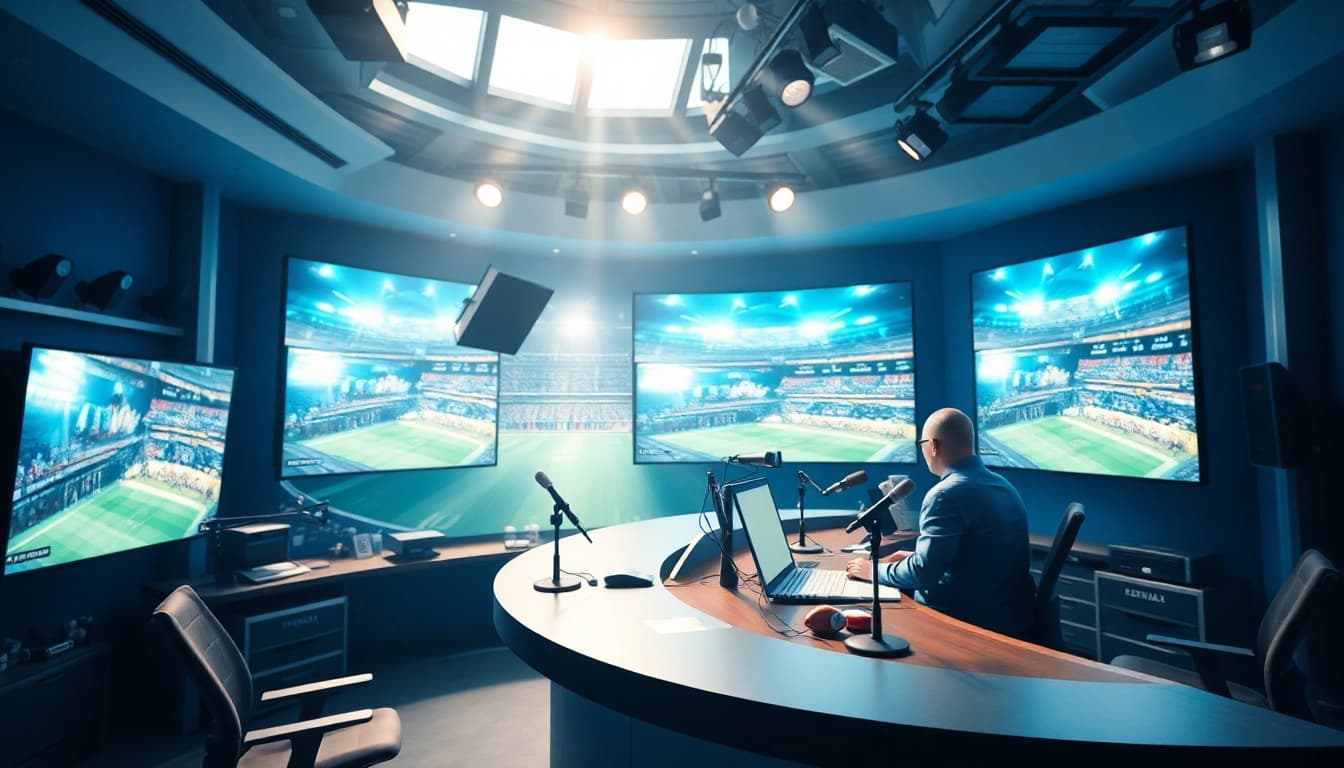 Dynamic scene showcasing Sports Broadcasting with an announcer and engaging graphics in a professional setting.
