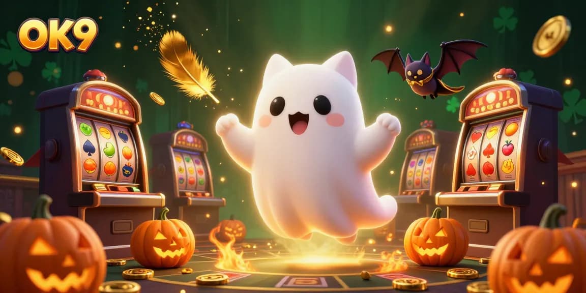 Engage with thrilling slots at OK9, featuring a ghost cat and vampire bat illuminating a haunted casino.