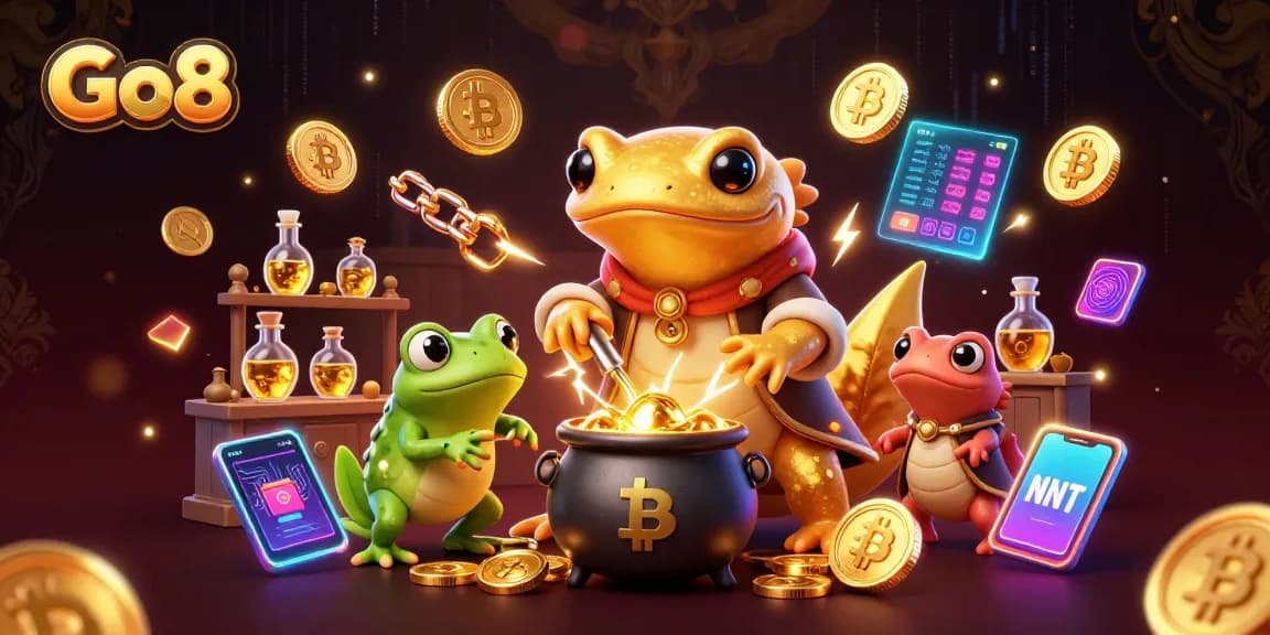 Experience thrilling gameplay at Go8 with enchanting alchemists transmuting gold and vibrant casino elements.