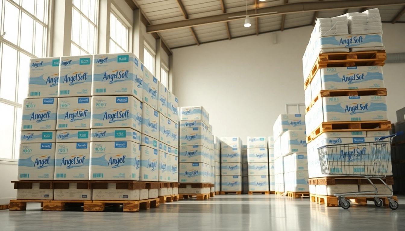 Highlighting Angel Soft Toilet Paper Pallets stacked in an organized warehouse environment.