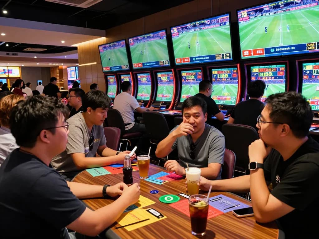 Engaging in sports betting at va88, dynamic atmosphere with avid bettors discussing strategies