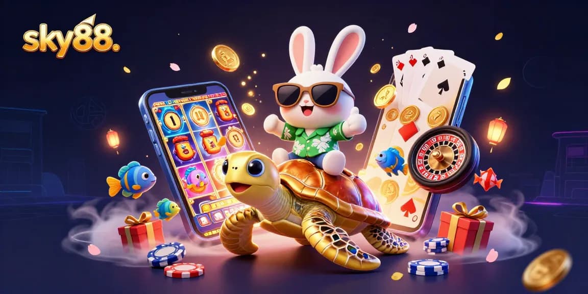 Join the fun at sky88. with the lucky rabbit and golden turtle in a vibrant casino adventure