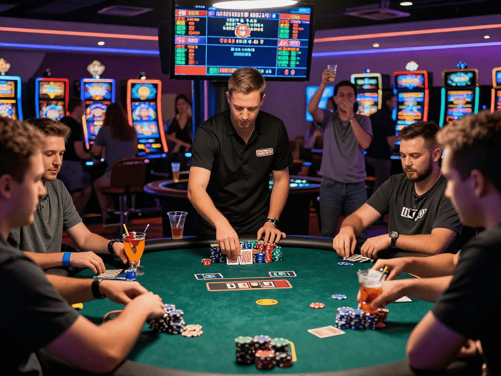 Exciting casino gaming scene at vin88 with intense poker players, neon lights, and drinks.