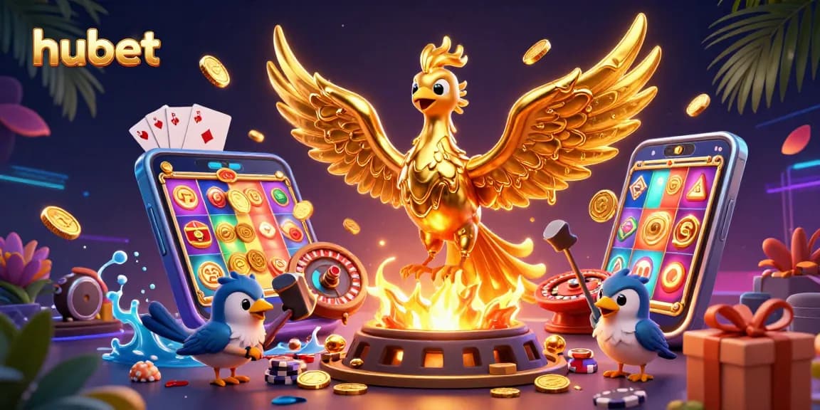 Play thrilling games at hubet while surrounded by a dynamic 3D scene of vibrant casino elements.