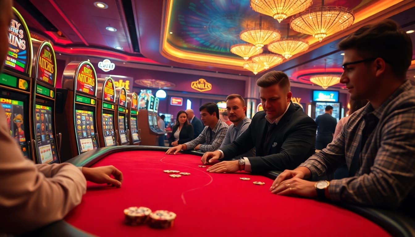 Slot deposit 5000 pada permainan poker dengan suasana kasino yang glamor dan ramai.